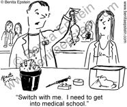 funny college cartoons university higher medical-school lab laboratory science chemistry biology anatomy application rat test exam experiment wwet-benchpre-med education campus cartoon 1090